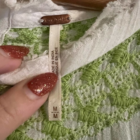 Free People Edie Top Womens White Green Linen Blend Beaded Embroidered M - Picture 5 of 12